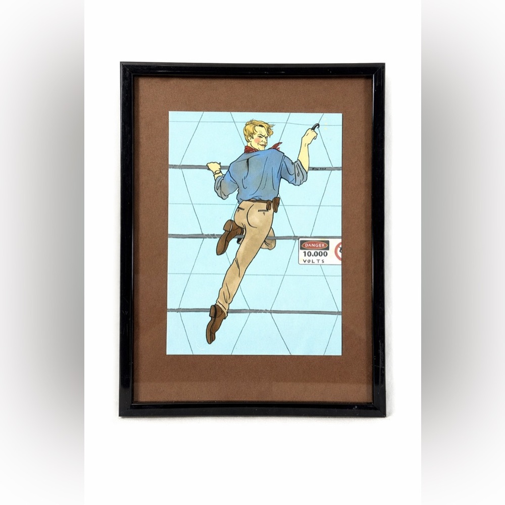 Emma Munger Framed Pop Culture Pin-Up Illustration Electric Fence Art 6.5x8.5”